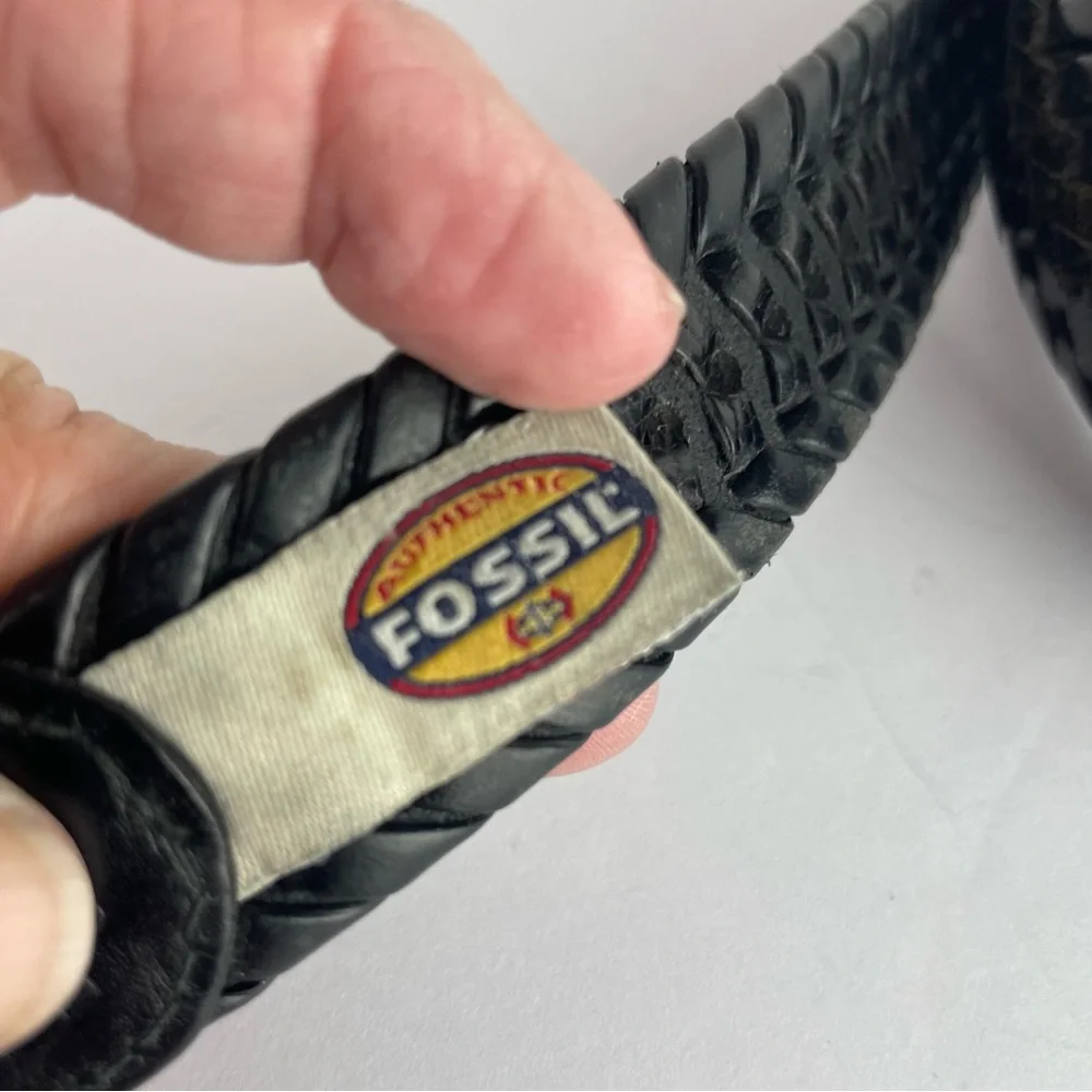 Fossil Black Woven Leather Belt Silver Buckle 36”